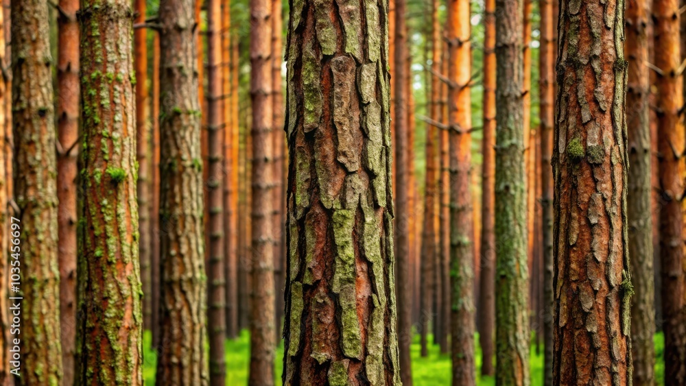 Obraz premium A close-up of a pine tree trunk in a forest, with a blurred background of other trees, showcasing the intricate pattern of the bark and the green moss growing on it.