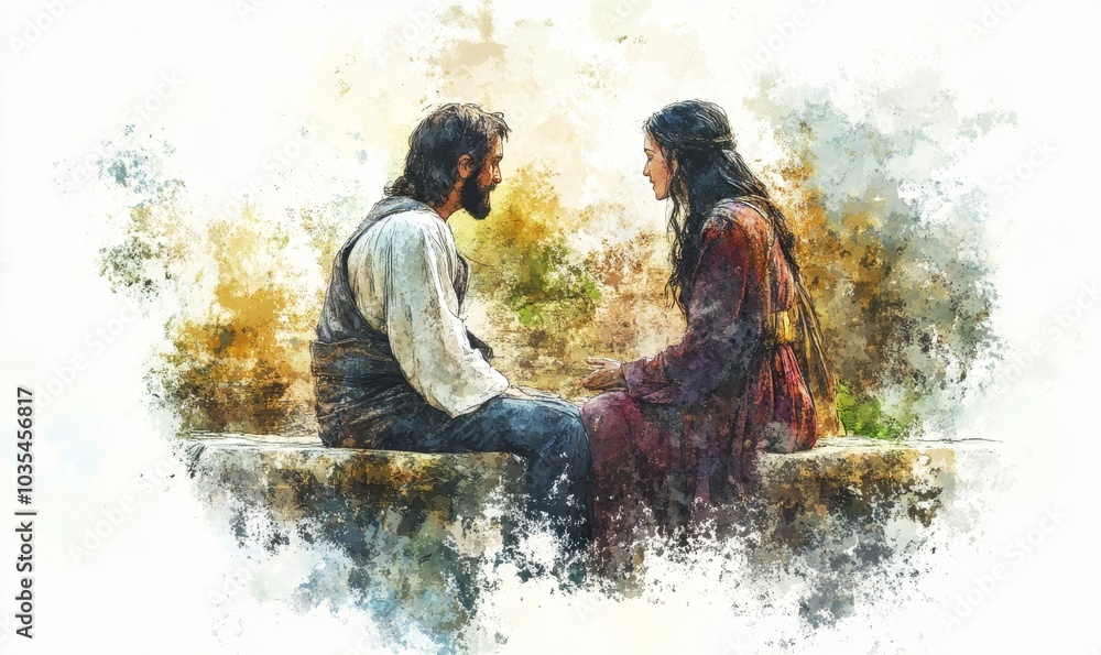 Fototapeta premium Jesus talking to a Samaritan Woman at the Well. Digital watercolor illustration, Generative AI
