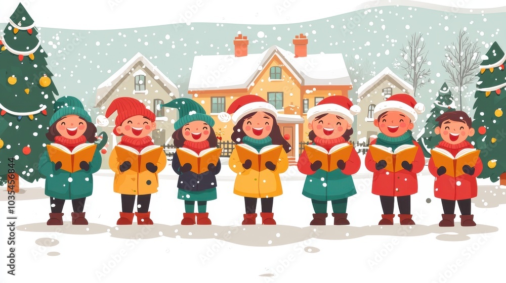 Fototapeta premium Singing Christmas carols outside the house flat design front view festive celebration theme animation Complementary Color Scheme ,clean background