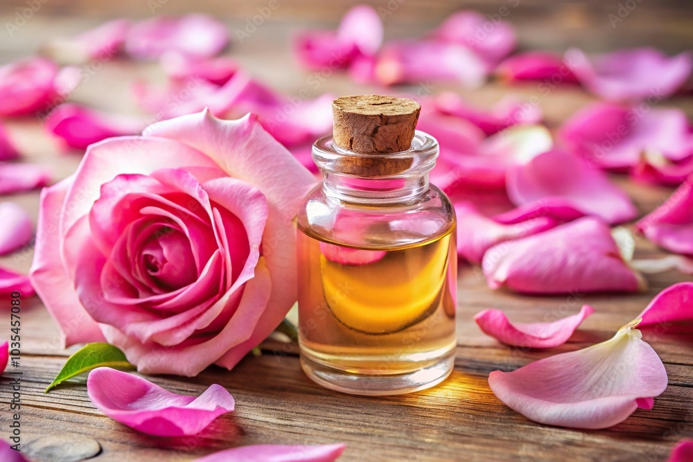 Aromatherapy pink rose petal oil bottle reflected on surface Aromatherapy pink rose petal oil bottle reflected on surface