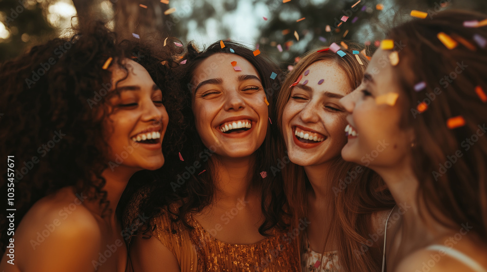 Illustration of a group of diverse women laughing and smiling together, celebrating pride, fun party atmosphere, LGBTQ, pride month concept Illustration of a group of diverse women laughing and smiling together, celebrating pride, fun party atmosphere, LGBTQ, pride month concept