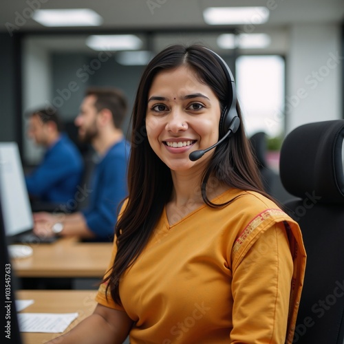 Close-up portrait of an Indian customer service representative wearing a headset at their desk to represent the concept of support services photo