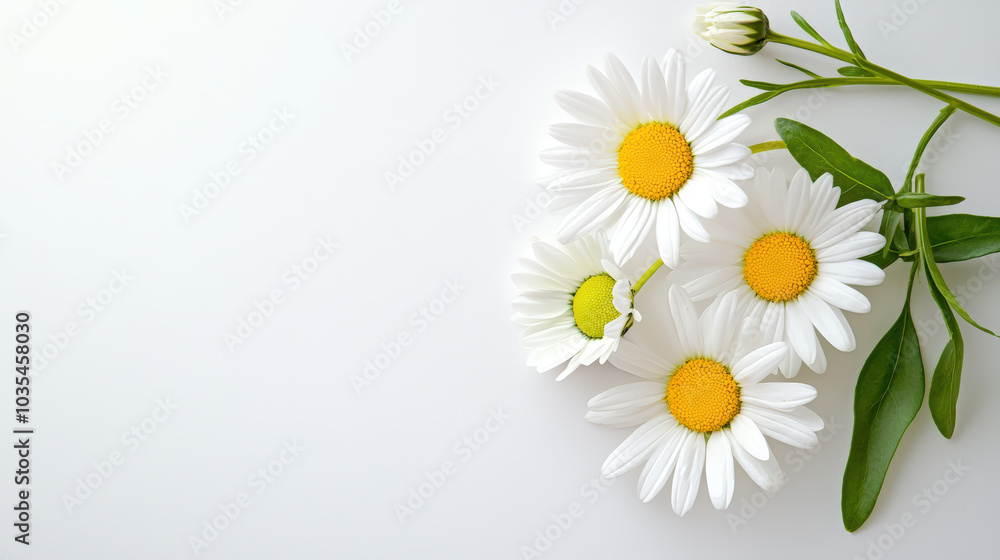 Fototapeta premium Fresh white daisies with vibrant yellow centers arranged elegantly on light background, evoking sense of tranquility and natural beauty