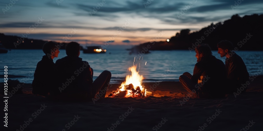 Friends gather around a fire on the beach. Friends gather around a fire on the beach.