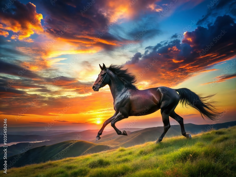 Majestic Black Horse Silhouette Running in Scenic Landscape - Vector Illustration for Nature Lovers Majestic Black Horse Silhouette Running in Scenic Landscape - Vector Illustration for Nature Lovers