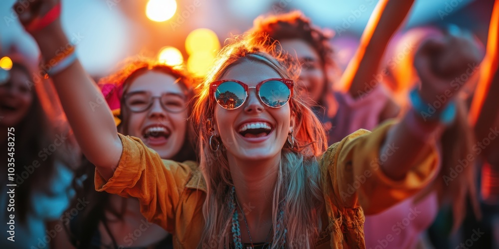 Two friends smile and dance at a concert. Two friends smile and dance at a concert.