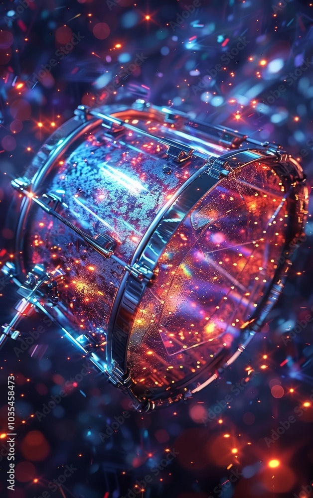 A vibrant, colorful drum is surrounded by sparkling lights and shimmering effects, creating a dynamic and energetic atmosphere. A vibrant, colorful drum is surrounded by sparkling lights and shimmering effects, creating a dynamic and energetic atmosphere.