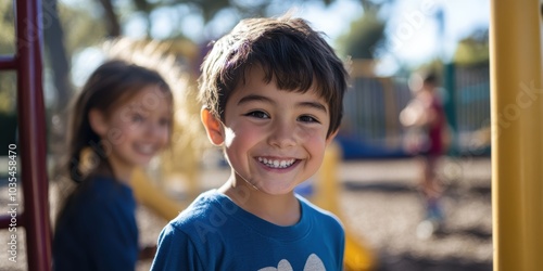 Smiling boy on playground with blurred background.