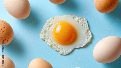 Fresh white eggs surround perfectly cooked egg yolk on vibrant blue background, creating delightful and appetizing scene