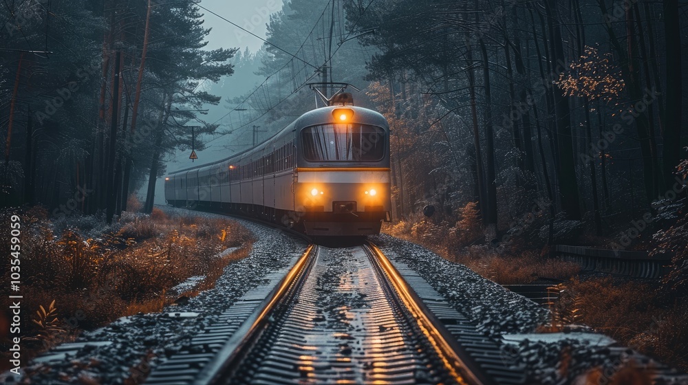 Naklejka premium The train is coming from a deserted road through a dense forest and it is night time.