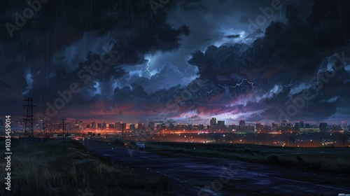 Thunderstorm showcases an abstract power. Lightning and rain fill the dark, stormy sky.