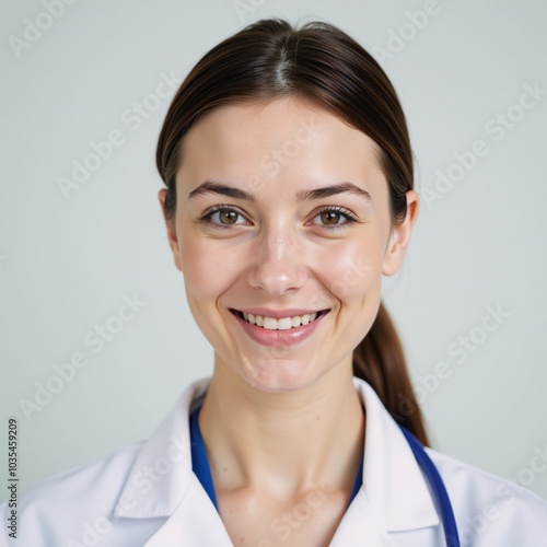 Portrait featuring a young woman wearing a stethoscope as a medical professional