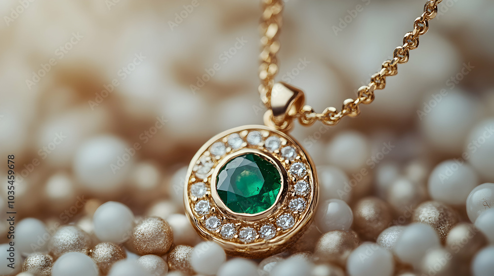 Elegant Gold Necklace Featuring an Emerald Pendant Surrounded by Intricate Design Elements Elegant Gold Necklace Featuring an Emerald Pendant Surrounded by Intricate Design Elements