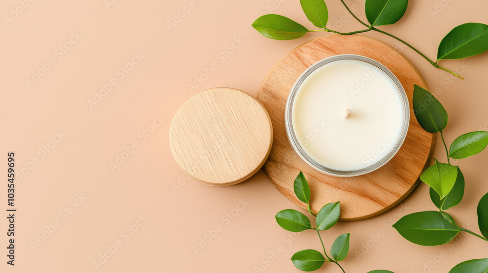 top view flat lay of scented candle on wooden tray surrounded by green leaves, creating serene and calming atmosphere. Perfect for relaxation and home decor top view flat lay of scented candle on wooden tray surrounded by green leaves, creating serene and calming atmosphere. Perfect for relaxation and home decor