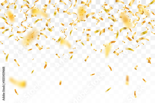 Gold confetti. Bright falling tinsel. Holiday poster concept. Anniversary or birthday design template. Shiny carnival decoration. Luxury gold confetti and carnival ribbons.