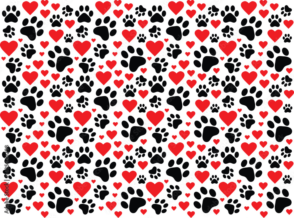 Black doggy paw and red heart seamless vector pattern background. Fun scattered neutral backdrop. Small elements all over print Black doggy paw and red heart seamless vector pattern background. Fun scattered neutral backdrop. Small elements all over print