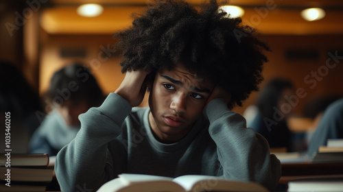 Frustrated student in the library surrounded by books during study session