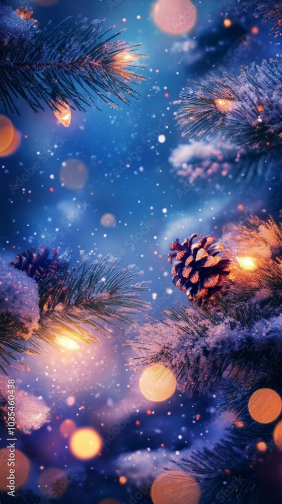 Fototapeta premium Glistening Pine Cones and Snowy Fir Branches in Winter Wonderland