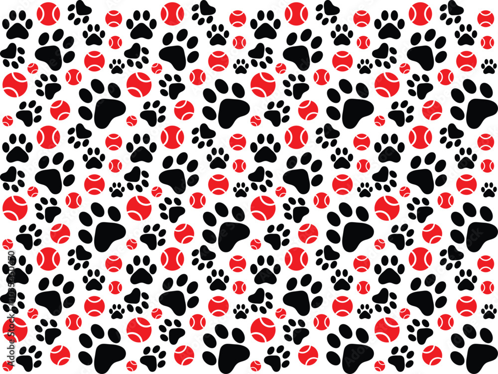 Black doggy paw and toys seamless vector pattern background. Fun scattered neutral backdrop. Small elements all over print Black doggy paw and toys seamless vector pattern background. Fun scattered neutral backdrop. Small elements all over print
