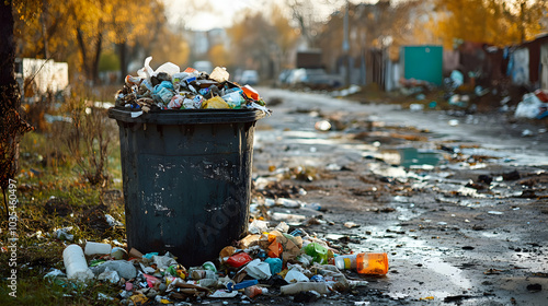 Overflowing Metal Trash Bin with Open Lid Surrounded by Household Waste in Urban Environment