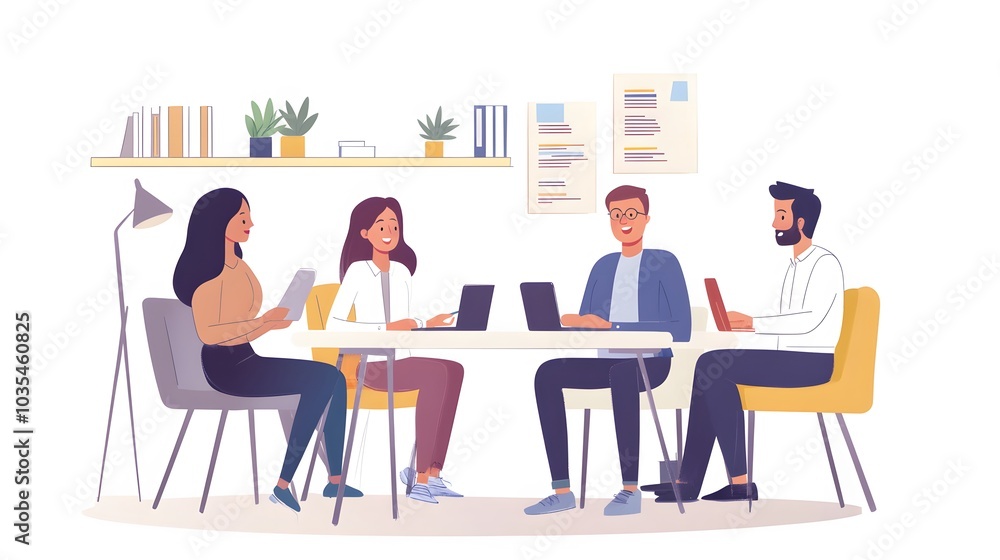Four Colleagues Collaborating in a Modern Office Setting Four Colleagues Collaborating in a Modern Office Setting