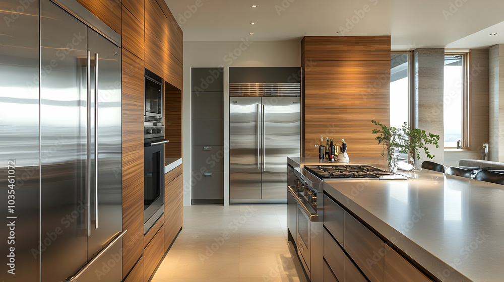 Modern Stainless Steel Refrigerator in a Sleek Contemporary Kitchen Setting Modern Stainless Steel Refrigerator in a Sleek Contemporary Kitchen Setting