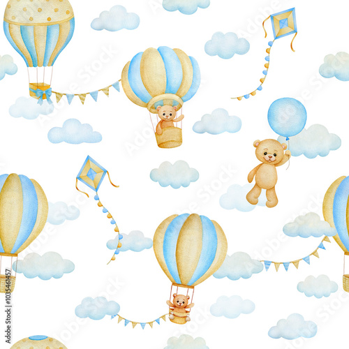 Cute cartoon teddy bears with air balloon, clouds; watercolor hand drawn illustration; seamless pattern
