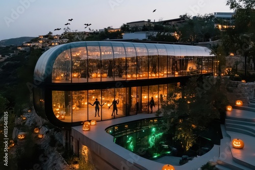 A large modern glass house set on a hillside is illuminated by pumpkin lights and flying bats during a serene Halloween night, creating an eerie silhouette effect. photo