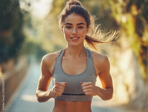 Young woman running outdoors, smiling with determination.
