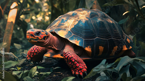 A colorful red-footed tortoise wandering through the forest photo