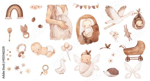 Watercolor baby newborn, boho, beige illustration for kids
