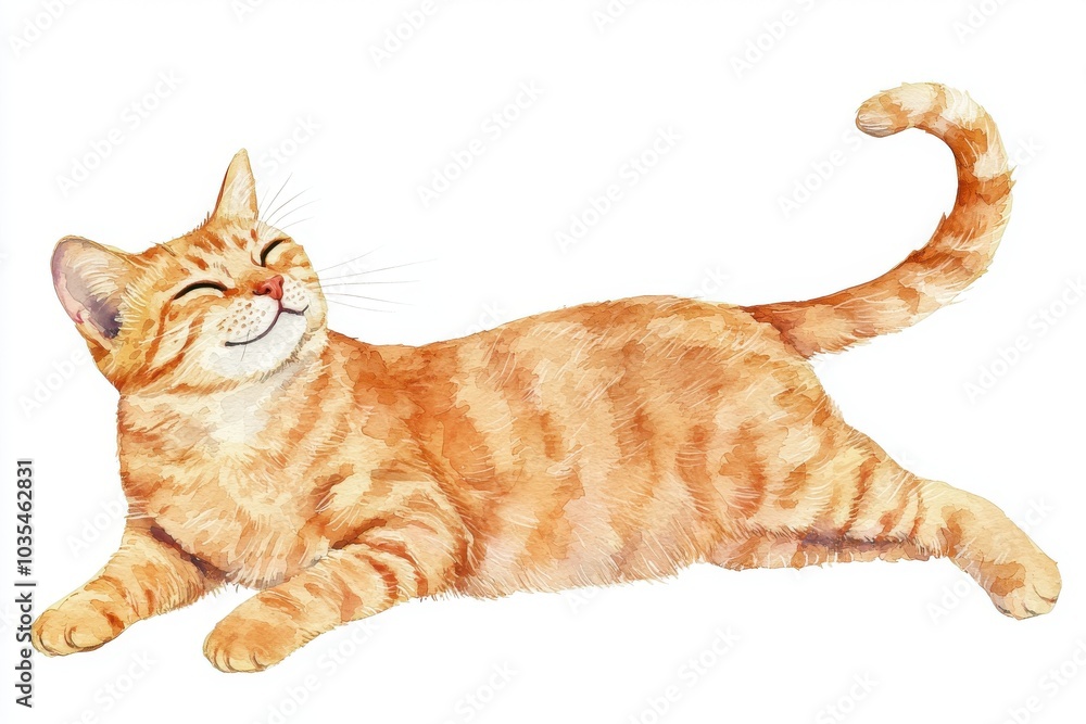 Fototapeta A cheerful orange cat lounging comfortably, radiating warmth and joy in a serene setting, perfect for pet lovers and artwork.