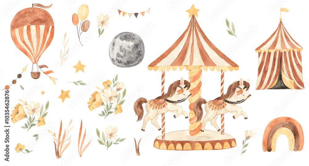 Watercolor circus, carousel, hot air balloon. Rainbow, flowers, moon illustration for kids Watercolor circus, carousel, hot air balloon. Rainbow, flowers, moon illustration for kids