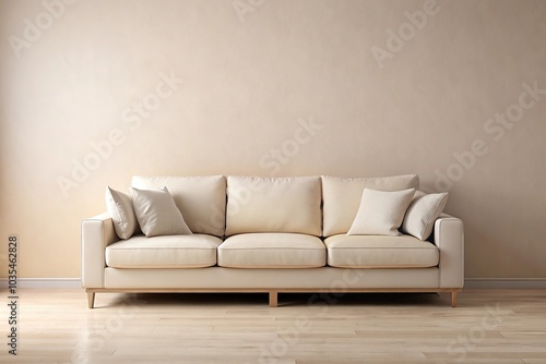 asymmetrical beige couch with white cushion on beige background