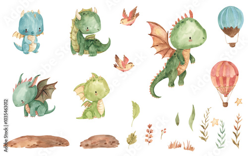 Watercolor dragon, birds, hot air balloon illustration for kids