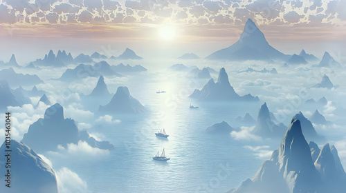 Serene seascape with ships in misty mountains