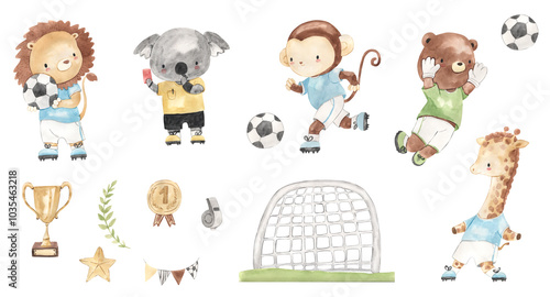 Fototapeta Naklejka Na Ścianę i Meble -  Watercolor football, lion, koala, soccer player, monkey, bear, giraffe illustration for kids