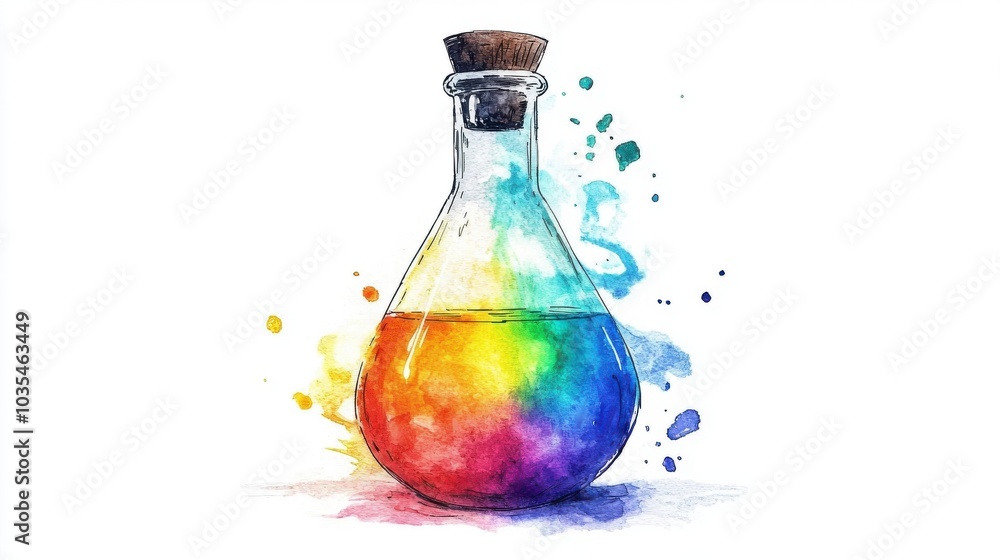 A vibrant, artistic depiction of a colorful chemistry flask with swirling rainbow liquid and splashes, symbolizing creativity and science. A vibrant, artistic depiction of a colorful chemistry flask with swirling rainbow liquid and splashes, symbolizing creativity and science.