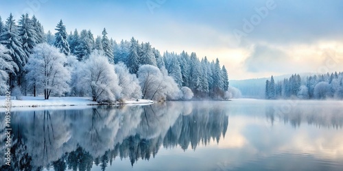 A serene winter forest with snow-covered trees, frozen lake, and soft white fog rolling in from the distance, snowfall, wintery mood