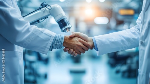 Two people shaking hands in a factory setting with a robotic arm in the background