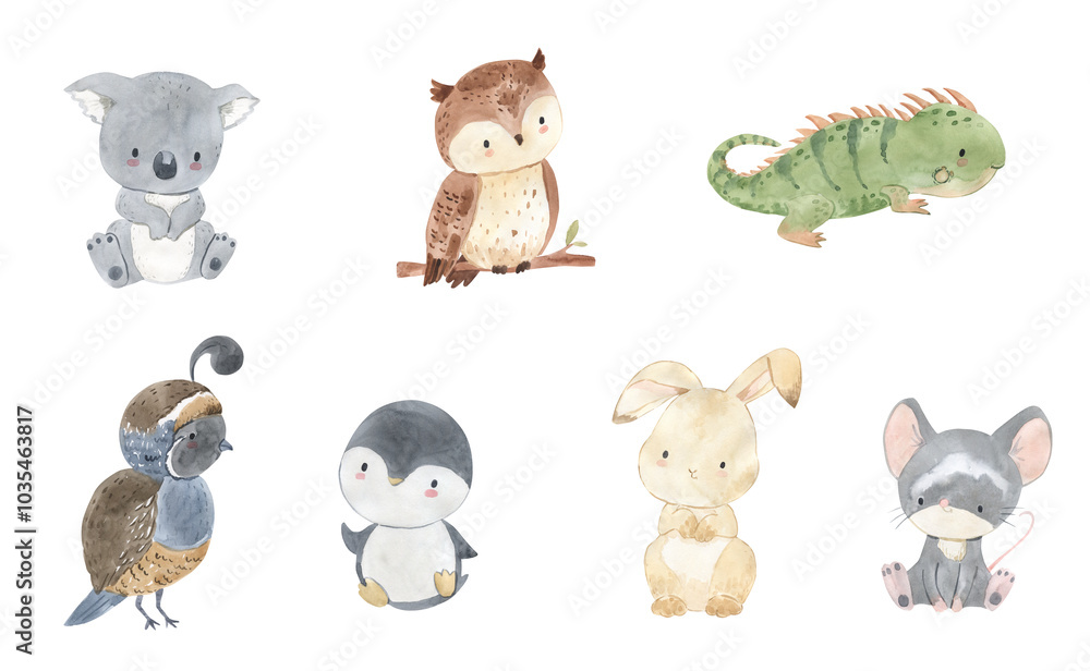 Fototapeta premium Watercolor koala, owl, lizard, penguin, hare, mouse, quail illustration for kids