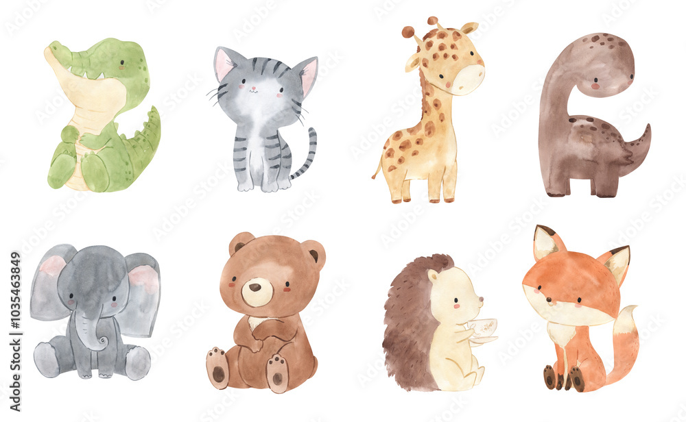 Obraz premium Watercolor alligator, cat, giraffe, dino, elephant, bear, hedgehog, fox illustration for kids