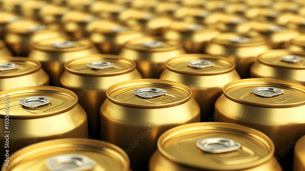 Close-up of metallic gold beverage cans, neatly arranged in rows on a white background. Close-up of metallic gold beverage cans, neatly arranged in rows on a white background.