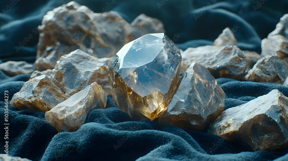 A Single Sparkling Gemstone Nestled Among Rough Uncut Rocks in Natural Setting A Single Sparkling Gemstone Nestled Among Rough Uncut Rocks in Natural Setting