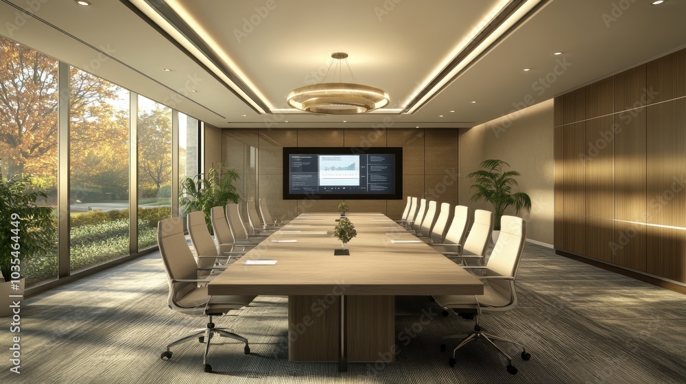 Modern Conference Room with Large Table and Windows Modern Conference Room with Large Table and Windows