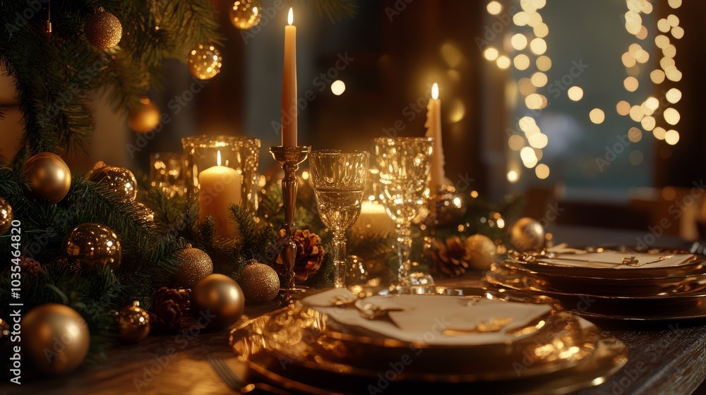 Elegant holiday table adorned with evergreen branches, golden decorations, and glowing candles, set against festive lights. Elegant holiday table adorned with evergreen branches, golden decorations, and glowing candles, set against festive lights.