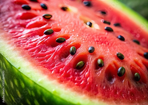 Vivid macro photography presents succulent watermelon slices, featuring bright red interiors and green rinds, emphasizing texture and seeds, ideal for summer culinary themes. photo