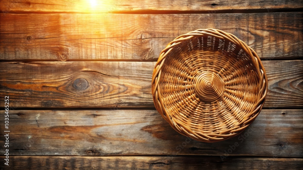 A woven wicker basket rests on a rustic wooden surface, bathed in the warm glow of sunlight. A woven wicker basket rests on a rustic wooden surface, bathed in the warm glow of sunlight.