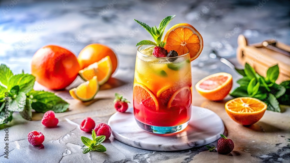A colorful cocktail with a fruity twist, featuring a blend of juices and garnishes on a marble countertop, cocktails, marbles, preparation A colorful cocktail with a fruity twist, featuring a blend of juices and garnishes on a marble countertop, cocktails, marbles, preparation