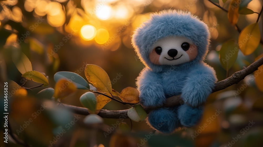Fototapeta premium Pastel colored sloth plush toy hanging on branch in serene sunset scene